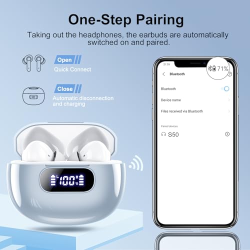 Wekily Wireless Earbuds, Bluetooth 5.3 Headphones with LED Power Display, 2025 New Wireless Earphones, HiFi Stereo,4 ENC Noise Cancelling Mic, 48H Playtime Mini Case IP7 Waterproof for iOS Android - color: Azure