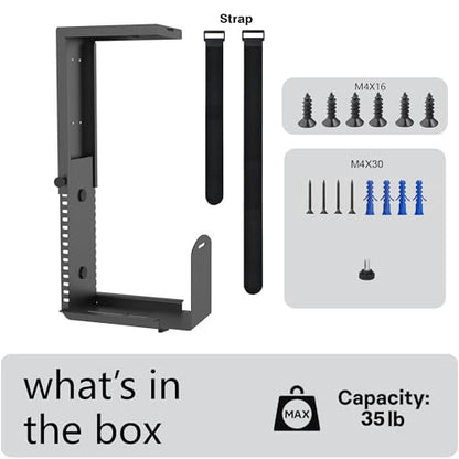 Universal Wall or Under Desk CPU Mount, Small PC/NAS Bracket – 4.5 to 9.2 inch Wide Computer Holder, Space-Saving Design with Safety Lock,Max Load 32Lbs