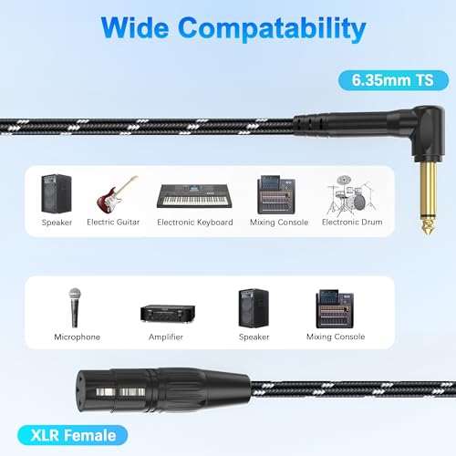 JOLGOO 1/4 TS Right Angle to XLR Female Microphone Cable, 10 Feet, 3-pin XLR Female High-End Audio Cable for Mixer, Amplifier, Recording, and Live Sound - size: 10 Feet, style: 1/4 TS