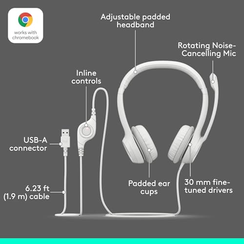 Logitech H390 Wired Headset PC/Laptop Stereo Headphones, USB-A, Off-White | Stereo Headphones for PC/Laptop, USB-A, In-Line Controls, Works with Chromebook - color: Off White, style: USB-A