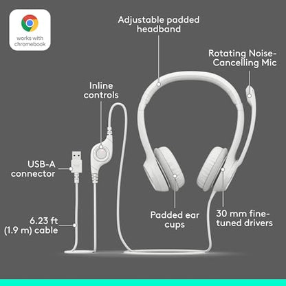 Logitech H390 Wired Headset PC/Laptop Stereo Headphones, USB-A, Off-White | Stereo Headphones for PC/Laptop, USB-A, In-Line Controls, Works with Chromebook - color: Off White, style: USB-A
