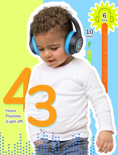 iClever BTH18 Kids Bluetooth Headphones LED Lights for Toddler Boys Girls | SafeSound Tech, 43H Playtime Stereo Sound, USB C Charging AUX Cable, Over Ear Kids Headphones Wireless for iPad/Tablet/Travel - color: Black