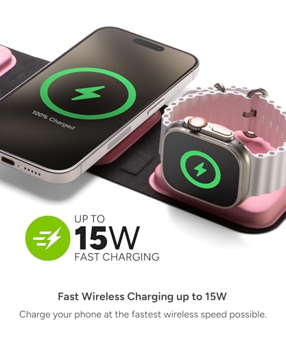 Mophie 3-in-1 Travel Charger with MagSafe - Portable Wireless Charging Hub, Compatible w/iPhone 17/16/15/14/13/12 Series, Apple Watch Series 11 to 1 & Ultra, AirPods Pro/3rd Gen, Cherry Blossom Pink - color: Cherry Blossom Pink, style: Gen 2