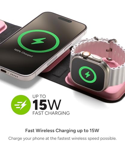 Mophie 3-in-1 Travel Charger with MagSafe - Portable Wireless Charging Hub, Compatible w/iPhone 17/16/15/14/13/12 Series, Apple Watch Series 11 to 1 & Ultra, AirPods Pro/3rd Gen, Cherry Blossom Pink - color: Cherry Blossom Pink, style: Gen 2