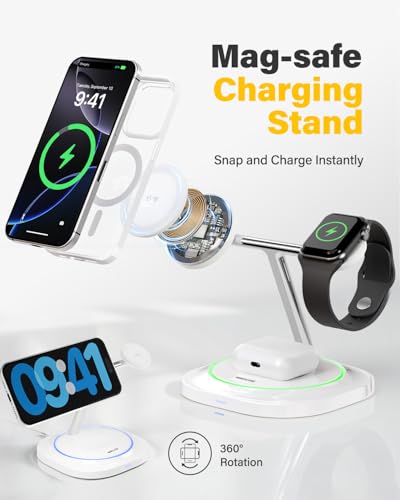 3 in 1 Magnetic Wireless Charger for Apple -Fast Charging Station Compatible with MagSafe for iPhone17-12, Apple Watch&AirPods, Phone and Watch Charger Stand for Desktop Bedside Office (Elegant White) - color: Elegant White