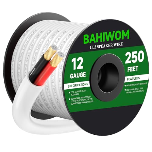 White Speaker Wire 12 Gauge 250FT CL2 Rated CCA Speaker Cable | Flexible PVC Jacket 2 Conductors Red & Black Polarity Mark for Home Theater,Indoor,In-Wall,In-Ceiling & Marine - size: 250 FT, style: 12GAUGE