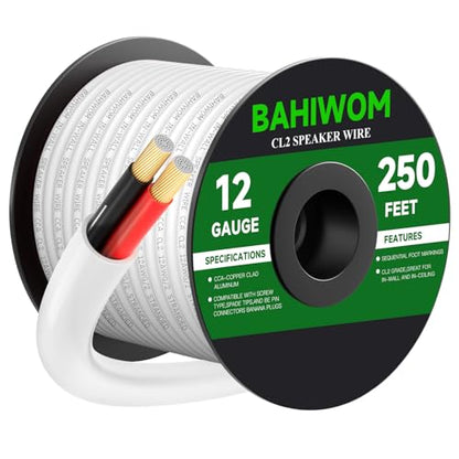 White Speaker Wire 12 Gauge 250FT CL2 Rated CCA Speaker Cable | Flexible PVC Jacket 2 Conductors Red & Black Polarity Mark for Home Theater,Indoor,In-Wall,In-Ceiling & Marine - size: 250 FT, style: 12GAUGE