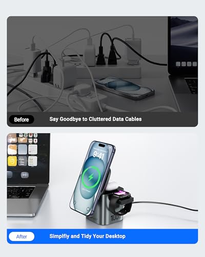 ACEFAST 6-in-1 100W GaN Fast Charging Station for iPhone 17 16 Series,with USB C Retractable Cable,Qi2 25W Magnetic Wireless Charger Desktop Stand for iWatch/for Samsung Galaxy Watch/Airpods