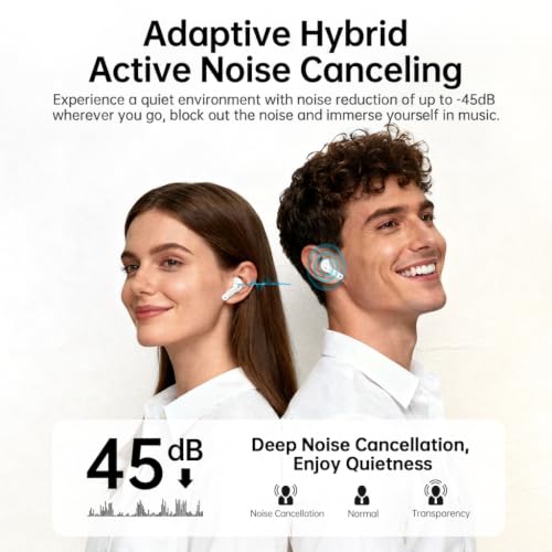 xinwld Adaptive Hybrid Active Noise Canceling 2026 Wireless Earbuds, 6 Mics ENC Clear Call Ear Buds, Hi-Res Audio Deep Bass Bluetooth 5.4 Headphones, 40H, LED, for Sports Running Gym Workout, White - color: Light White