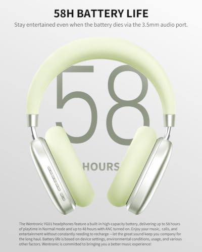 Wentronic YG01 Wireless Over-Ear Headphones, Active Noise Cancelling, Up to 58H Battery Life, Bluetooth 5.3, Great for Travel & Office, USB-C Lossless Audio, Microphone for iPhone Android - Green