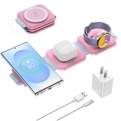 Travel Charger for Samsung Multi Devices, Foldable 3 in 1 Wireless Charging Station Fast Charging Stand/Pad Compatible for Samsung Galaxy S25/S24/S23/S22/S21/Note20 Galaxy Watch8/7/6/5/4/Galaxy Buds4 - color: Pink