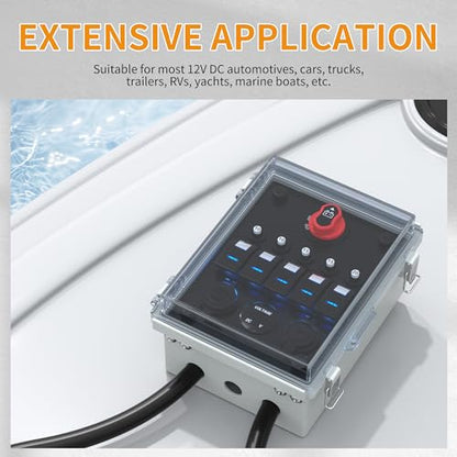 Joinfworld 12V Rocker Switch Box, 5 Gang Toggle Switch Panel | Waterproof, LED Lighted with Breaker, USB & PD Type C Charger, LED Voltmeter, For Marine Boat Automotive Car