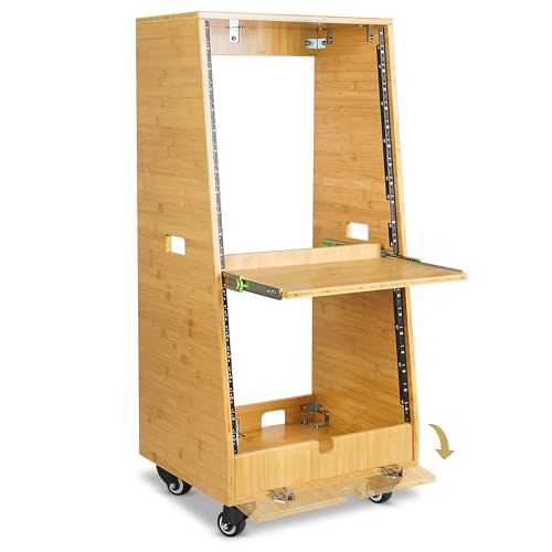 Sound Town DIY Solid Carbonized Bamboo Slanted 20U Studio Rack (12U Top + 8U Lower), with 2U Bottom Storage, Slide-Out Tray, Caster, For Recording Room, Home Studio (STBR-ST20T) - size: 20U(12U Top + 8U Lower),Carbonized Bamboo