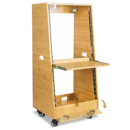 Sound Town DIY Solid Carbonized Bamboo Slanted 20U Studio Rack (12U Top + 8U Lower), with 2U Bottom Storage, Slide-Out Tray, Caster, For Recording Room, Home Studio (STBR-ST20T) - size: 20U(12U Top + 8U Lower),Carbonized Bamboo