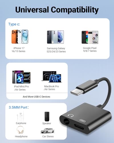 Seulliya USB C to 3.5mm Headphone Jack and Charger Adapter, 2-in-1 Audio & Fast Charging Splitter for Apple iPhone 17/16/15/Pro/Pro Max, iPad, Samsung, Pixel, and More 1Pack Black - color: Black