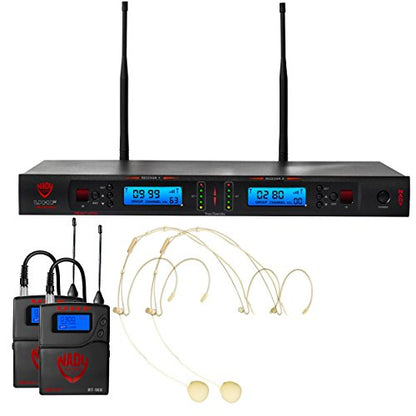 Nady 2W-1KU HM-10 Beige Dual True Diversity 1000-Channel Professional UHF Wireless System with 2 Headset Microphones - Autoscan - Automatic Transmitter Pairing - All Metal Construction - size: Dual Transmitter, style: Headset Microphone (HM-10 Beige) Syst