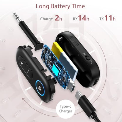 LOFICOPER Bluetooth 5.3 Transmitter Receiver, 3.5mm Aux Adapter, 33ft Range | Hands-Free Driving, 14H Battery Life in RX, Low Latency, Stable Connection, for Airplane, Car, Headphones, Home Stereo, TV - color: Black