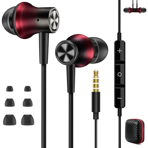 Jiunai Wired Earbuds 3.5mm Headphones in Ear Built-in Mic Red Black | Magnetic Noise Isolated Stereo Hands Free Wired Ear Buds for CD Player Laptop Airplanes Travel iPhone/iPad/Android School
