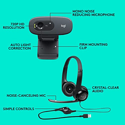 Logitech USB Headset H390 with Noise Cancelling Mic & C270 Desktop or Laptop Webcam, HD 720p Widescreen for Video Calling and Recording