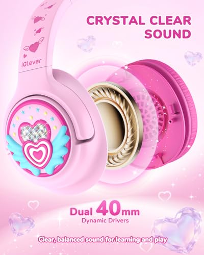 iClever C371 아동용 헤드폰 코드 포함, 남학생 여아 여행 선물 | SafeSound Tech3.0, 스테레오 사운드, 3.5mm 잭, 접이식, 내구성 있는 헤드밴드, 아동용 안전 유선 헤드폰, 마카롱 핑크 - color: A-마카롱 핑크