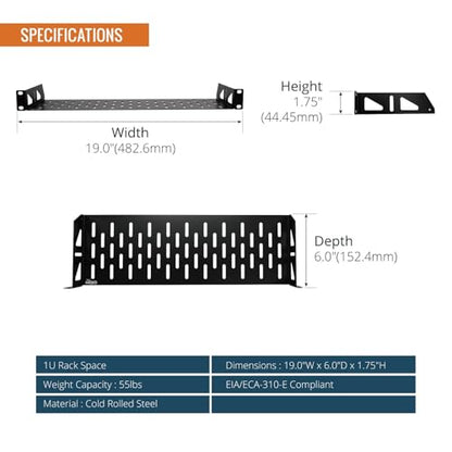 Tecmojo 1U Rack Shelf,19 inch Rack Shelf 6 inch Depth,Rack Mount Shelf with Anti-Slip Stops,Server Rack Shelf and Network Shelf for 19 in Equipments, 55lbs Capacity of Vented 1U Shelf,No Lip(2 Pack) - size: 6 in/2pack