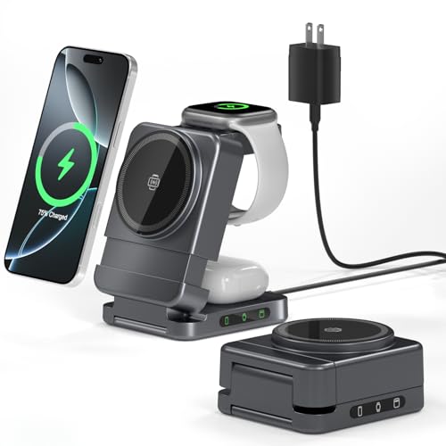 Wireless Charger 3 in 1, Foldable Charging Station for Apple Samsung Multi Devices Charging, Magnetic Charging Stand, Portable Travel Fast 15W Charger Station for iPhone, TWS, iWatch (Dark Gray) - color: dark grey