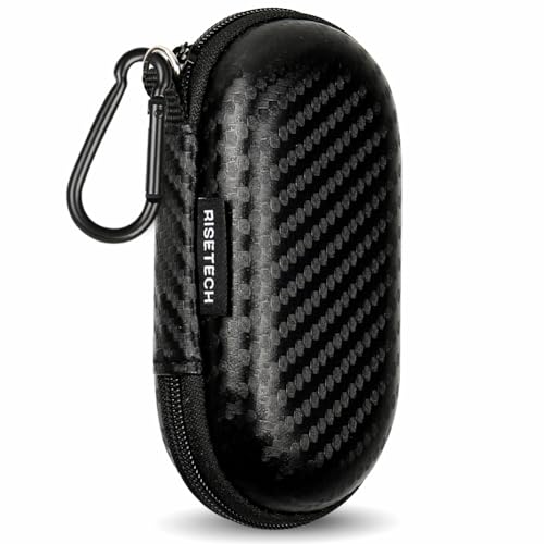 Earbud Case, RISETECH Earphone Carrying Case Holder EVA Headphone Storage Bag Small Zipper Pouch Compatible for EarPods, AirPods, Beats Flex, Urbeats3, Bose Wireless Earbuds -with Carabiner - color: Carbon black