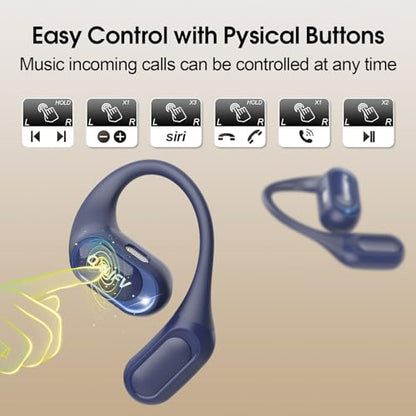 Wireless Bluetooth Earbuds, Open Ear Headphones, Blue | HiFi Stereo Open Ear Buds with HD Mic, 50H LED Power Display Air Conduction Earbuds, AI Translation Earbuds Real Time - color: Blue