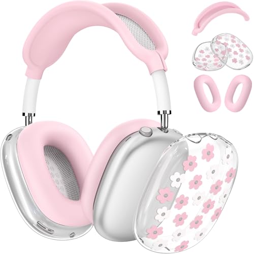 for Apple AirPods Max,Clear Flower Soft TPU Case for Women Girly,Pink | Ear Pad Case Cover/Ear Cups Cover/Headband Cover for AirPods Max Headphones (2024/2020)Transparent AirPod Max (USB-C) - color: Pink Flower