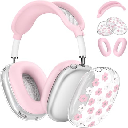 for Apple AirPods Max,Clear Flower Soft TPU Case for Women Girly,Pink | Ear Pad Case Cover/Ear Cups Cover/Headband Cover for AirPods Max Headphones (2024/2020)Transparent AirPod Max (USB-C) - color: Pink Flower