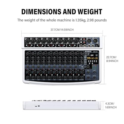 BOMGE 12 Channel Professional Audio Mixer, Bluetooth Studio Mixer with USB, 48V Power, XLR/RCA Inputs, 99 DSP Effects For Professional and Beginners (12F-W)