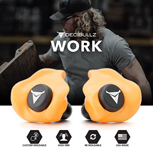 Decibullz Custom Molded Ear Plugs 31dB NRR Shooting Ear Protection (Orange) | Reusable & Re-moldable, For Range Officers, Jobsite Crews & Musicians, Travel & Concert Use, Earplugs, American Company - color: Orange