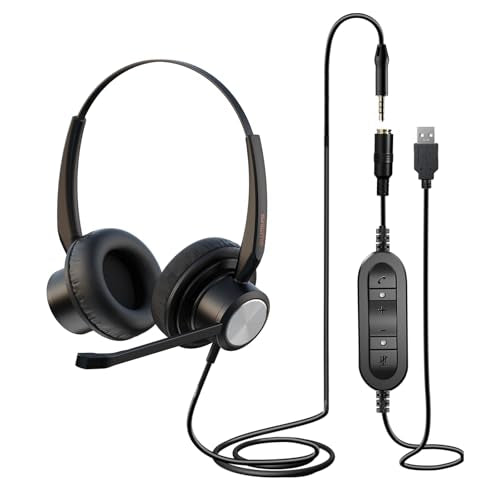 USB Headset with Noise Cancelling Microphone for PC, Laptop, Call Center/Office, Lightweight USB-A/3.5mm Audio Jack Headphones for Zoom, Teams, Webinar, Dragon, Remote Work, Online Meetings