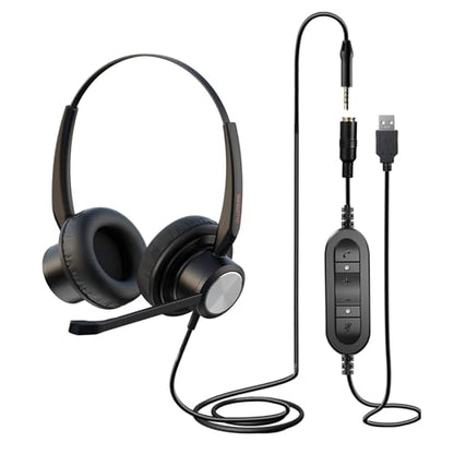 USB Headset with Noise Cancelling Microphone for PC, Laptop, Call Center/Office, Lightweight USB-A/3.5mm Audio Jack Headphones for Zoom, Teams, Webinar, Dragon, Remote Work, Online Meetings