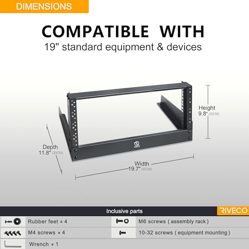 RIVECO 4u Tabletop Rack for Audio & Network, Desktop Rack Shelf Open Frame Sound Recording Shelf Tappered Holes Black 2 Post