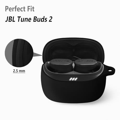 Geiomoo Silicone Case for JBL Tune Buds 2, Soft Flexible Scratch Resistant Protective Cover with Carabiner (Black) - color: Black