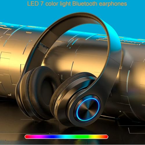 Over Ear Wireless Headphones with Noise Reduction, Mic Deep Bass HiFi Stereo, Foldable Lightweight LED Headset for PC Home Travel Office (Black) - color: Black