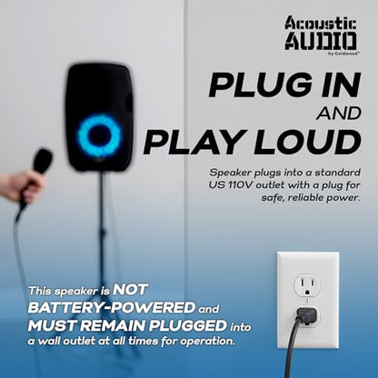 Acoustic Audio by Goldwood 1000W Bluetooth PA Speaker with LED, Mic & Stand | Large Plug-In Powered PA System with Remote & Flashing LED Party Lights for Karaoke, DJ or Tailgate Party
