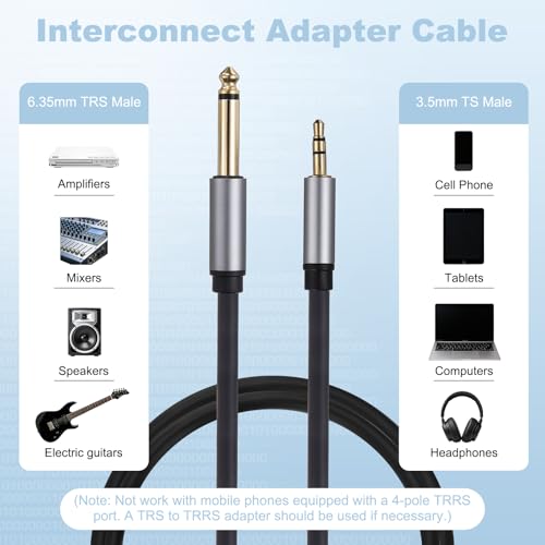 MECCANIXITY 1/4" TS to 1/8" TRS Audio Cable 2FT 6mm Stereo Cable Black - size: 2FT, 6mm Dia