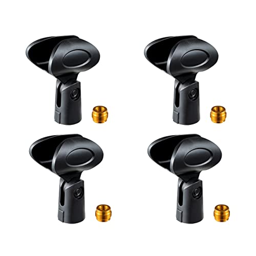 Universal Microphone Clip Holder, Black, 4-Pack | Soft Flexible Mic Clamp, 5/8" to 3/8" Metal Nut Adapters, Break-Resistant Design, For Handheld Mics