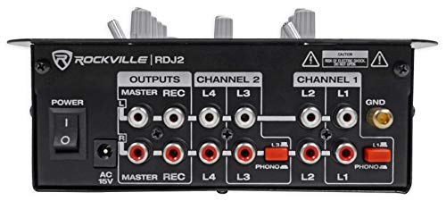 Rockville RDJ2 2-Channel DJ Mixer with USB and Talkover | 4 RCA Line Inputs, USB MP3 Player, 1/4" Mic/Headphone Jacks, Cue Monitor, 3-Band EQ, Crossfader, Master/Rec Outputs - style: without bluetooth