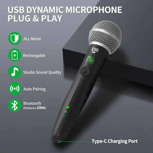 XTUGA X-1 Wireless Microphone, Bluetooth Rechargeable Metal Handheld Mic | Dynamic Microphone w/ Adapters,Auto Pairing,Anti Whistling,USB Karaoke Mics,UHF Singal for Singing/Weddinng/Party/Speech