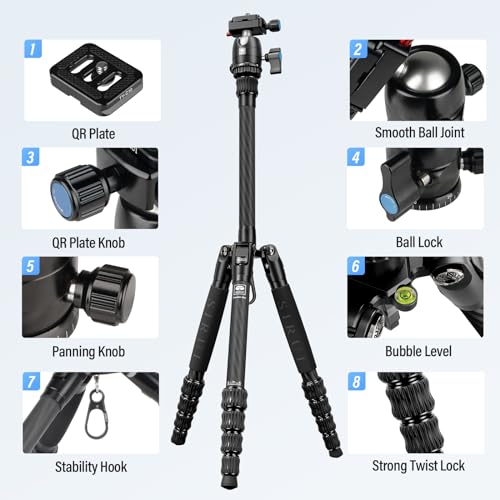 SIRUI Lightweight Carbon Fiber Travel Tripod, 52" Compact Camera Tripod with 360°Ball Head Kit, Detachable Center Column, Max Load 13.23lbs/6kg, Traveler 5CX - style: Carbon Fiber Tripod