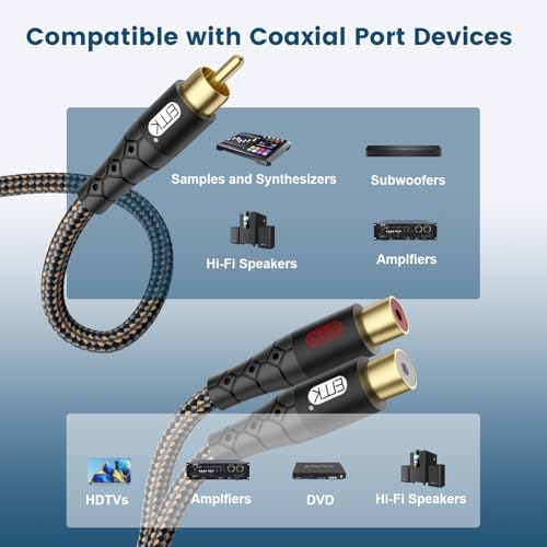 EMK RCA Splitter Cable 1 Male to 2 Female Y Adapter with Copper Shell & 24K Gold-Plated Connector RCA Male to Dual RCA Female Extension Cord Black/1ft/0.3m - size: 1ft/0.3m, style: Black*1Male to 2Female