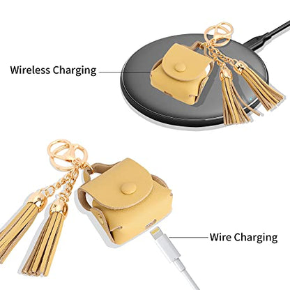 MODOS LOGICOS Charging Case Cover for Apple Air Pods, Genuine Leather Case with a Couple of Drooping Tassels for Apple AirPods 1/2 Charging Case - Yellow - color: Yellow(GenuineLeather)