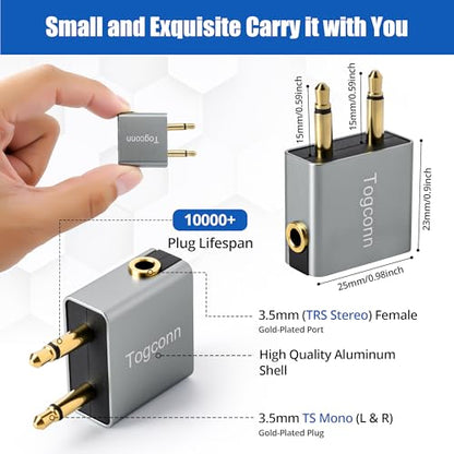1/8" 1/8 Inch Airplane Flight Headphone Adapter 2Pack, Dual 3.5mm Male to 3.5mm Female Airplane Headphones Jack Aux Audio Converter Connector (Aluminum Shell) for in-Flight Entertainment Systems - style: 2 Pack