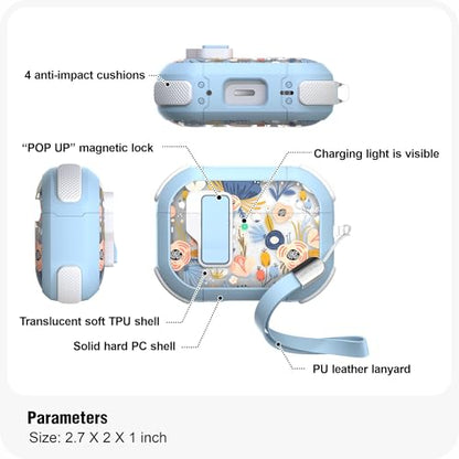 WENEW for AirPods Pro 3 Case (2025) Cover Secure Lock Automatic Snap Switch Clip Cleaner Kit Lanyard Women Stylish Flower Hard Shell Full Body Front LED Visible (Blue, AirPods Pro 3) - color: Blue, size: AirPods Pro 3
