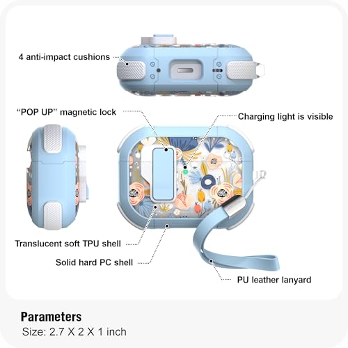 WENEW for AirPods Pro 3 Case (2025) Cover Secure Lock Automatic Snap Switch Clip Cleaner Kit Lanyard Women Stylish Flower Hard Shell Full Body Front LED Visible (Blue, AirPods Pro 3) - color: Blue, size: AirPods Pro 3