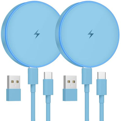 MagSafe Charger 2 Pack 15W Magnetic Wireless Charger Fast Charging Pad Compatible with iPhone 17/16/15/14/13/12 Series & AirPods 3/2/Pro Magnetic MagSafe Charging Pad with Dual Ports-Blue | Two USB-C cables and two USB-A adapters, compatible with iPhone 1