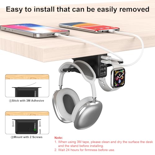 PC Gaming Headphone Headset Holder Hanger Hook, Dual Headphone Stand Under Desk with 5 Ports USB Charging Station, Suitable for Gamer Earphone Accessories as Boyfriend, Son, Husband Gifts